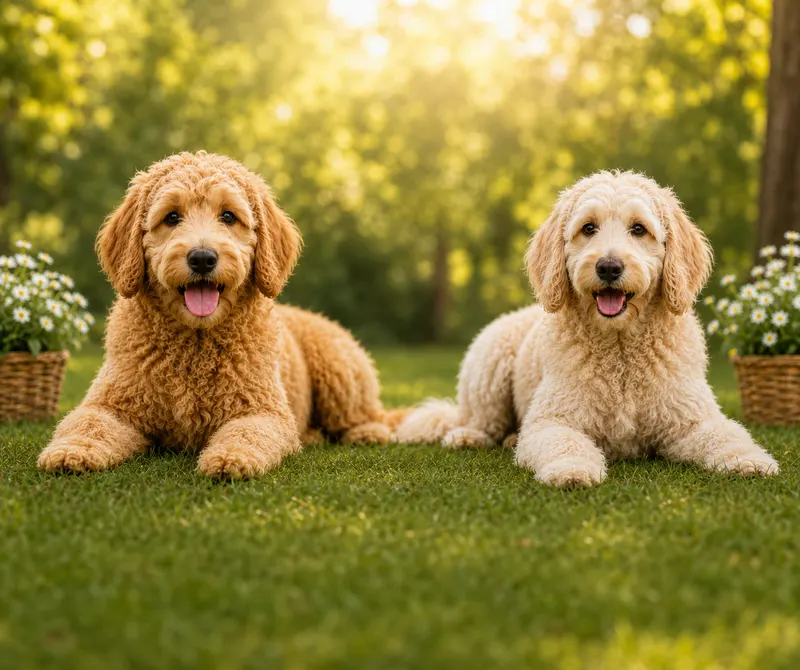 Two adult Goldendoodles, one apricot and one cream, lying on grass