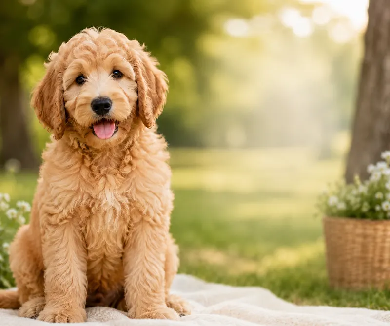 Apricot F1 Goldendoodle puppy sitting on a blanket outdoors