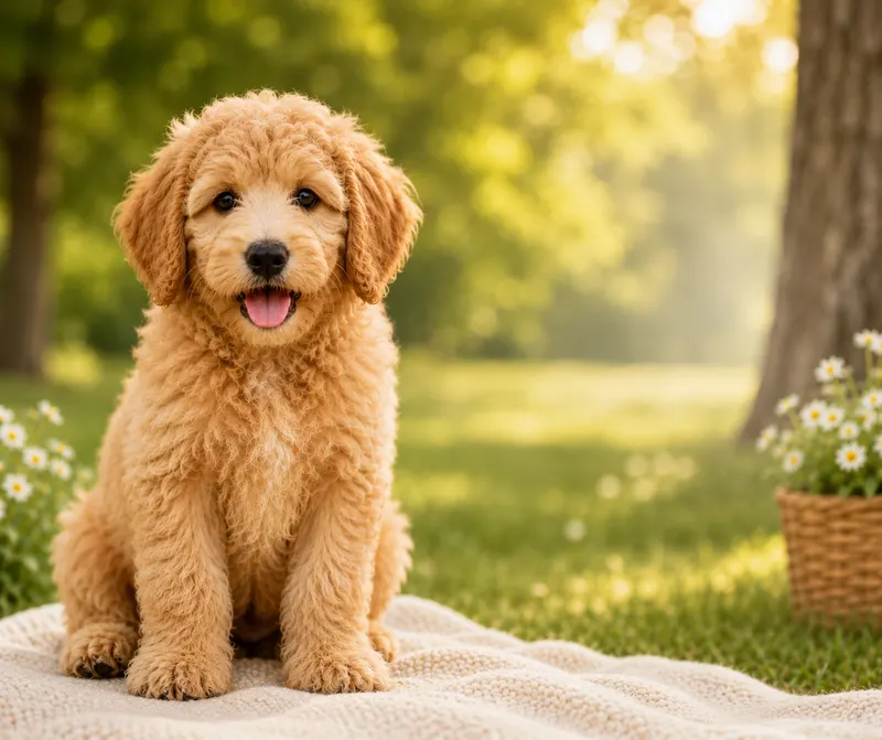F1B Goldendoodle puppy with a tightly curled apricot coat