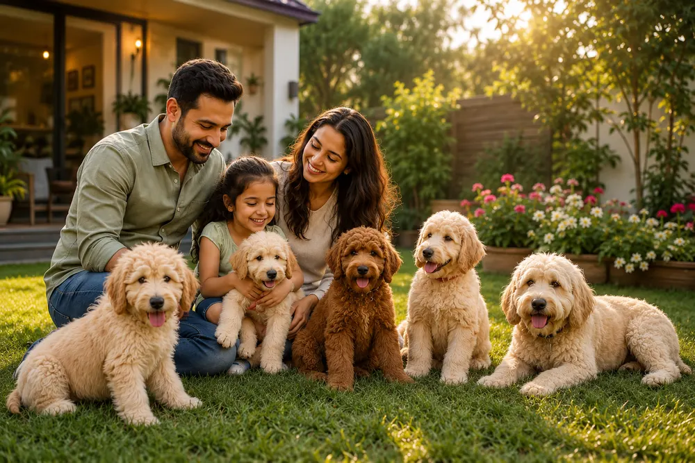 A family sitting on a garden lawn with five Goldendoodles of different ages
