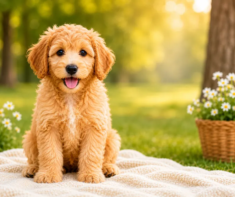 Apricot Mini Goldendoodle puppy with a fluffy coat sitting on a blanket